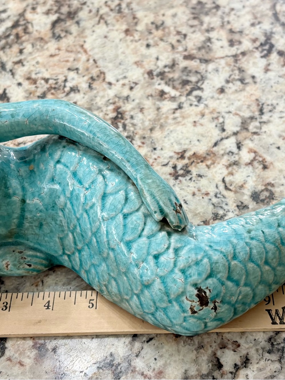 Glossy Blue Green Ceramic Mermaid Statue W/ Distressed Antique Finish 13.5" - Picture 3 of 9